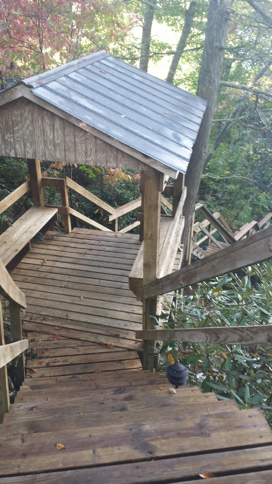 Metal roofed shelter over wooden steps on a wooded walkway — Skylight Repair & Installation work by our crew in Velma